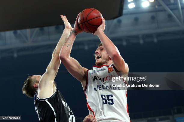 Mitch Creek of the Adelaide 36ers in action during game one of the NBL Grand Final series between Melbourne United and the Adelaide 36ers at Hisense...