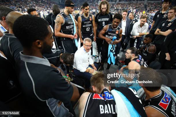 Melbourne United head coach Dean Vickerman talks to his players during game one of the NBL Grand Final series between Melbourne United and the...