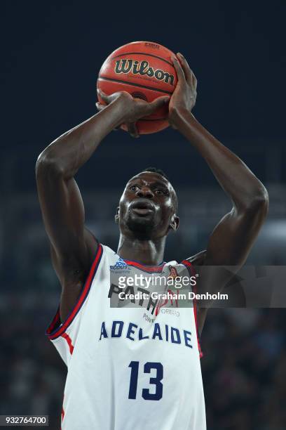 Majok Deng of the Adelaide 36ers shoots during game one of the NBL Grand Final series between Melbourne United and the Adelaide 36ers at Hisense...