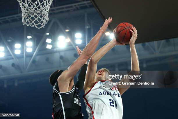 Daniel Johnson of the Adelaide 36ers in action during game one of the NBL Grand Final series between Melbourne United and the Adelaide 36ers at...