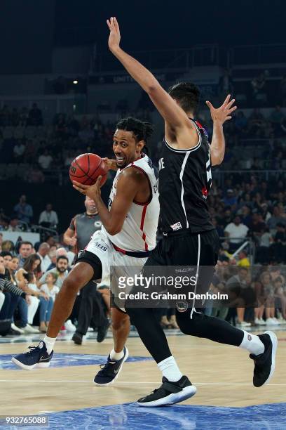 Josh Childress of the Adelaide 36ers drives at the basket during game one of the NBL Grand Final series between Melbourne United and the Adelaide...