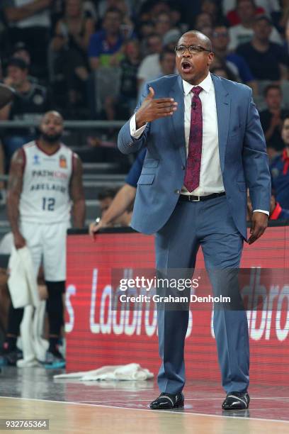 Adelaide 36ers head coach Joey Wright talks to his players during game one of the NBL Grand Final series between Melbourne United and the Adelaide...