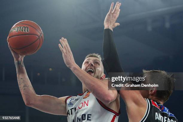 Mitch Creek of the Adelaide 36ers shoots during game one of the NBL Grand Final series between Melbourne United and the Adelaide 36ers at Hisense...