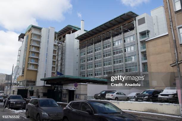 An outside view of The British embassy is seen in the background in Moscow, Russia on March 16, 2018. Britain has expelled 23 Russian diplomats in a...