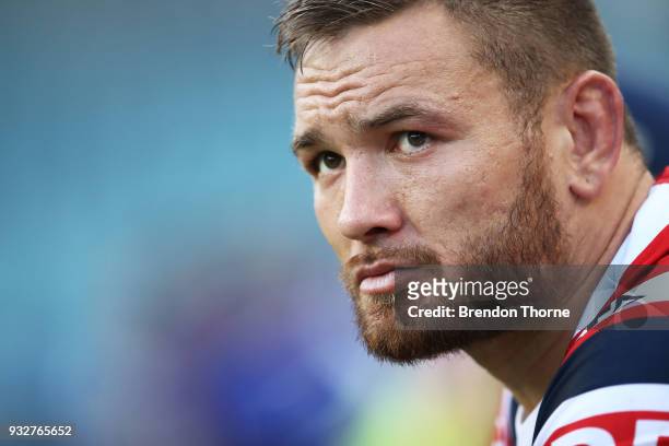 Jared Waerea-Hargreaves of the Roosters looks on during the round two NRL match between the Sydney Roosters and the Canterbury Bulldogs at Allianz...
