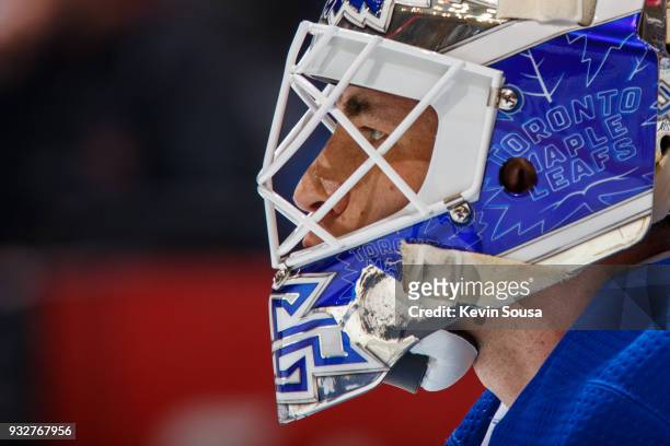 Curtis McElhinney of the Toronto Maple Leafs during warm up before a game against the Dallas Stars at the Air Canada Centre on March 14, 2018 in...