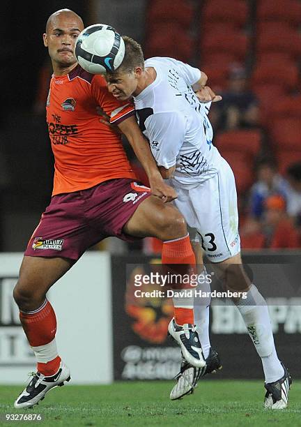 Sergio Van Dijk of the Roar and Adrian Leijer of the Victory compete for the ball during the round 15 A-League match between the Brisbane Roar and...