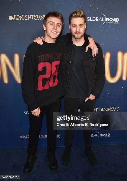 Hart Denton and Cameron Fuller attends Global Road Entertainment's world premiere of 'Midnight Sun' at ArcLight Hollywood on March 15, 2018 in...