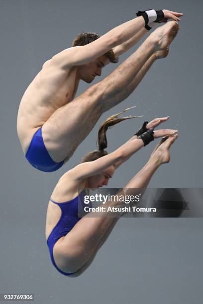 Lois Toulson and Matthew Lee of Great Britain compete in the Mixed 10m Synchro Platform final during day two of the FINA Diving World Series Fuji at...