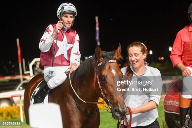 Jamie Mott returns to the mounting yard aboard Cliff's Edge after winning the Hacer Group Alister Clark Stakes at Moonee Valley Racecourse on March...