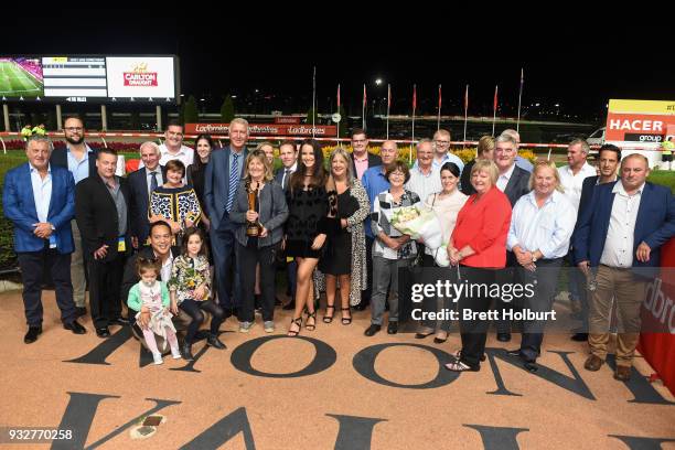 Connections of Cliff's Edge after winning the Hacer Group Alister Clark Stakes at Moonee Valley Racecourse on March 16, 2018 in Moonee Ponds,...