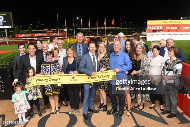 Connections of Cliff's Edge after winning the Hacer Group Alister Clark Stakes at Moonee Valley Racecourse on March 16, 2018 in Moonee Ponds,...