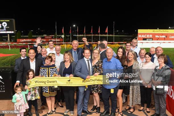 Connections of Cliff's Edge after winning the Hacer Group Alister Clark Stakes at Moonee Valley Racecourse on March 16, 2018 in Moonee Ponds,...