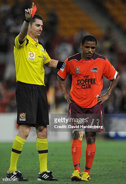Henrique of the Roar is shown a red card after stopping the ball with his hands during the round 15 A-League match between the Brisbane Roar and the...