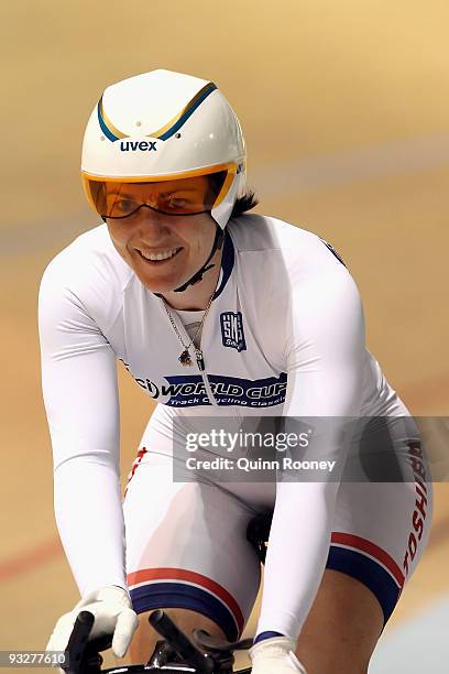 Anna Meares of Australia smiles after winning the Women's 500 Time Trial during day three of 2009 UCI Track World Cup at Hisense Arena on November...