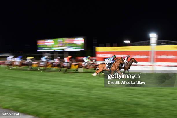 Cliff's Edge ridden by Jamie Mott passes the post for the first in the Hacer Group Alister Clark Stakes at Moonee Valley Racecourse on March 16, 2018...