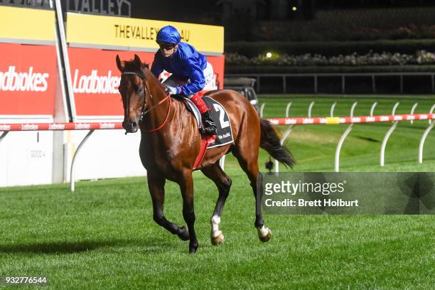 Astoria ridden by Craig Williams heads to the barrier before the Hacer Group Alister Clark Stakes at Moonee Valley Racecourse on March 16, 2018 in...