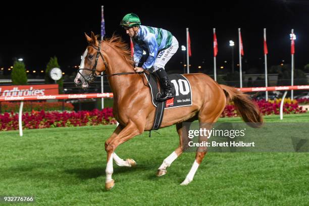 North Afrika ridden by Rhys McLeod heads to the barrier before the Hacer Group Alister Clark Stakes at Moonee Valley Racecourse on March 16, 2018 in...