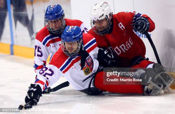 Morten Vaernes of Norway battles for the puck with Zdenek Habl of Czech Republic in the Ice Hockey classification game between Norway and Czech...