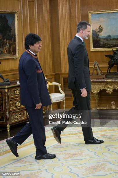 King Felipe VI of Spain meets president of Bolivia Evo Morales at Zarzuela Palace on March 16, 2018 in Madrid, Spain.