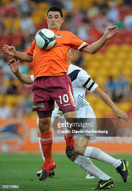 Charlie Miller of the Roar controls the ball during the round 15 A-League match between the Brisbane Roar and the Melbourne Victory at Suncorp...