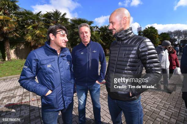 Tom Boonen of Belgium together with Bramati Davide of Italy QS sportsdirector and Toon Cruyt of Belgium Medic Doctor Team QS during training of Team...