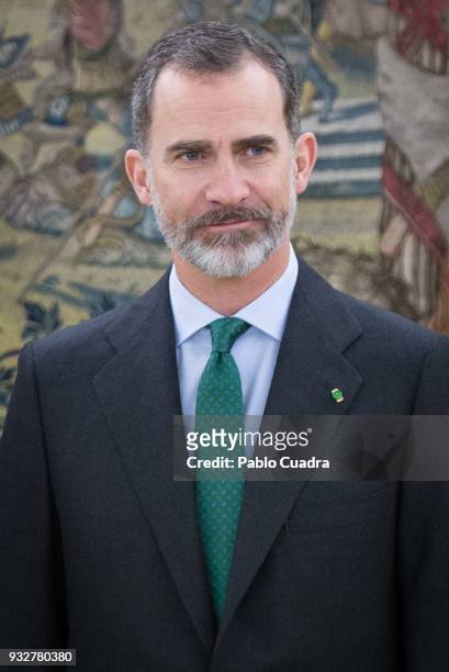 King Felipe VI of Spain meets president of Bolivia Evo Morales at Zarzuela Palace on March 16, 2018 in Madrid, Spain.