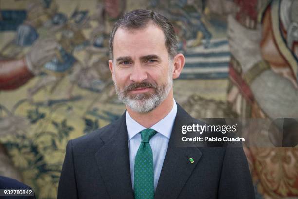 King Felipe VI of Spain meets president of Bolivia Evo Morales at Zarzuela Palace on March 16, 2018 in Madrid, Spain.