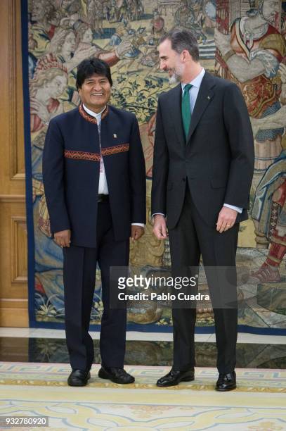 King Felipe VI of Spain meets president of Bolivia Evo Morales at Zarzuela Palace on March 16, 2018 in Madrid, Spain.