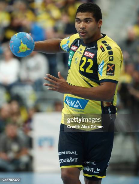 Mads Mensah Larsen of Rhein-Neckar Loewen during the DKB HBL match between Rhein-Neckar Loewen and Frisch Auf Goeppingen at SAP Arena on March 08,...