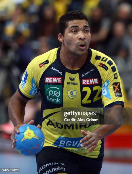 Mads Mensah Larsen of Rhein-Neckar Loewen during the DKB HBL match between Rhein-Neckar Loewen and Frisch Auf Goeppingen at SAP Arena on March 08,...