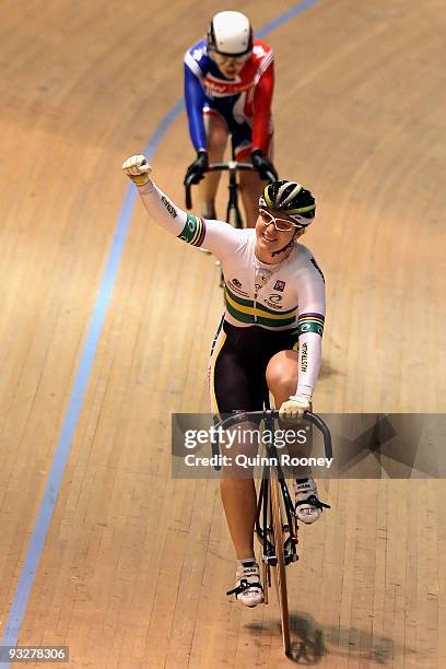 Anna Meares of Australia celebrates winning the Women's Kerin during day three of 2009 UCI Track World Cup at Hisense Arena on November 21, 2009 in...