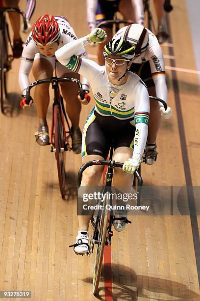 Anna Meares of Australia celebrates as she crosses the line to win the Women's Kerin during day three of 2009 UCI Track World Cup at Hisense Arena on...