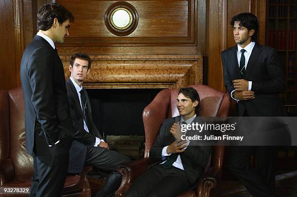 Andy Murray of Great Britain, Fernando Verdasco of Spain, Roger Federer of Switzerland and Rafael Nadal of Spain talk with each other after a group...
