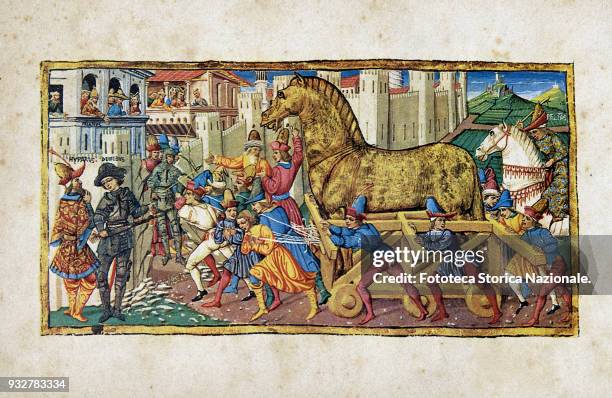 The transport of the trojan horse, according to tradition the ancient Greeks come to Troy using a fake horse on April 24, 1184 b.C. Episode of the...