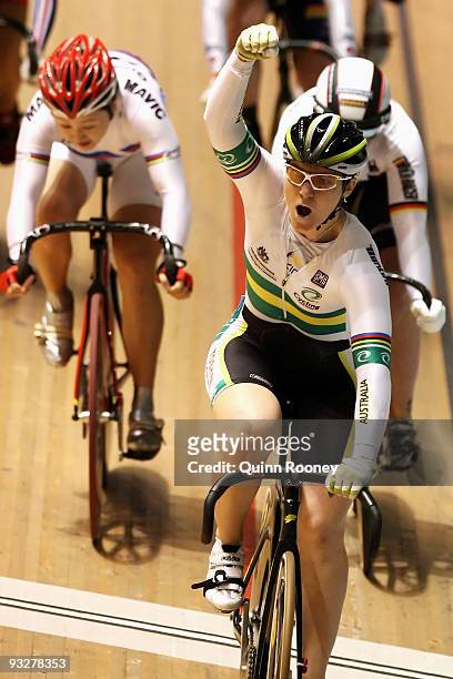 Anna Meares of Australia celebrates as she crosses the line to win the Women's Kerin during day three of 2009 UCI Track World Cup at Hisense Arena on...