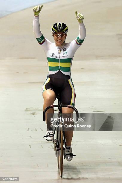 Anna Meares of Australia celebrates winning the Women's Kerin during day three of 2009 UCI Track World Cup at Hisense Arena on November 21, 2009 in...