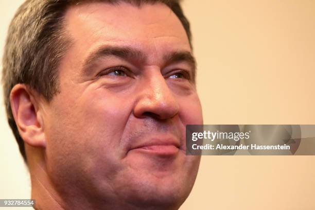 Markus Soeder of the Bavarian Christian Democrats and the new Governor of Bavaria looks on at the Bavarian state parliament on March 16, 2018 in...