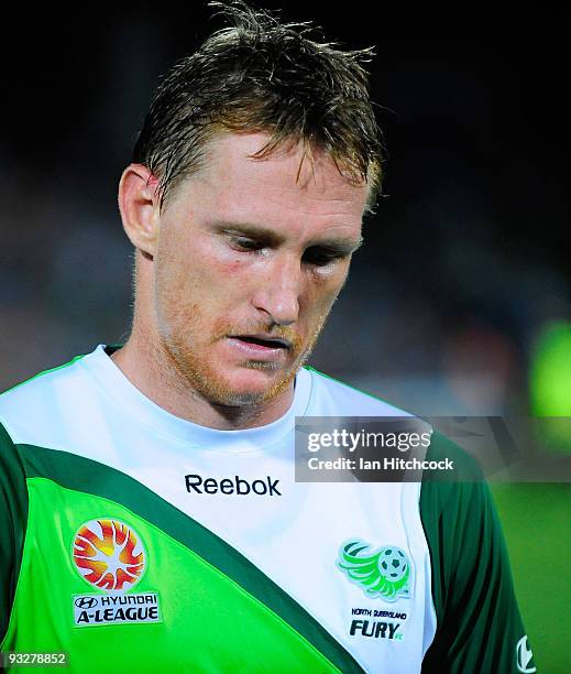 Daniel McBreen of the Fury walks off the field after losing the round 15 A-League match between North Queensland Fury and the Central Coast Mariners...