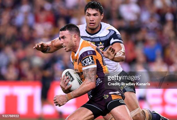 Darius Boyd of the Broncos runs with the ball during the round two NRL match between the Brisbane Broncos and the North Queensland Cowboys at Suncorp...