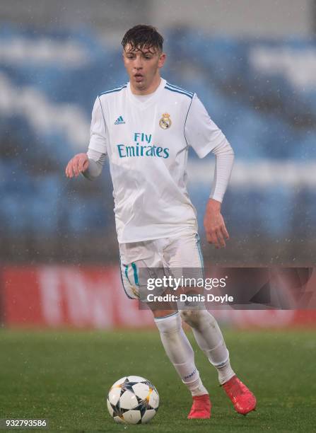 Cesar Gelabert Pina of Real Madrid in action during the UEFA Youth League Quarter-final between Real Madrid and Chelsea at estadio Alfredo Di Stefano...