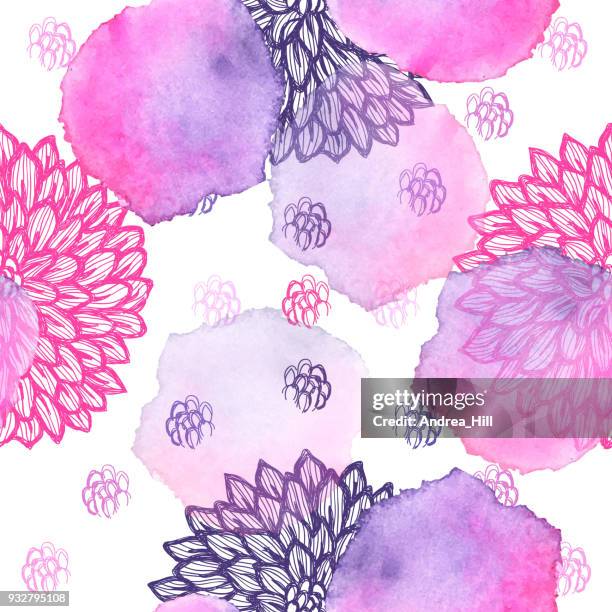 ilustrações de stock, clip art, desenhos animados e ícones de dalhia seamless vector pattern - ink drawing with watercolor texture - seamless flower aquarel