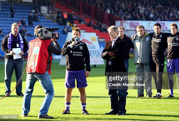 Thomas Reichenberger of Osnabruck speaks to the fans of Osnabruck before the third Bundesliga match between VfL Osnabrueck and Borussia Dortmund II...