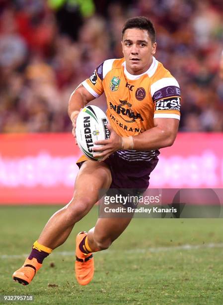 Kodi Nikorima of the Broncos runs with the ball during the round two NRL match between the Brisbane Broncos and the North Queensland Cowboys at...