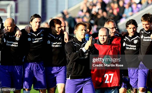 Thomas Reichenberger of Osnabruck speaks to fans of Osnabruck before the third Bundesliga match between VfL Osnabrueck and Borussia Dortmund II at...