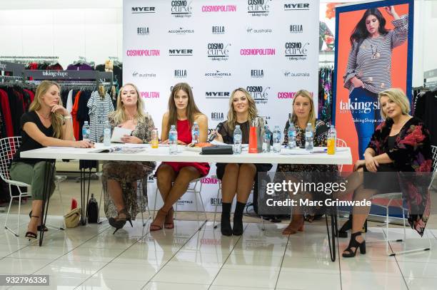 The judging panel, Skye Bonner, Chelsea Bonner, Robyn Lawley, Keshnee Kemp, Clare Hurley and Bec Gardiner at the Cosmo Curve casting with Robyn...
