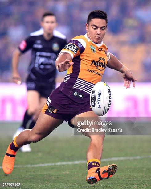 Kodi Nikorima of the Broncos kicks the ball during the round two NRL match between the Brisbane Broncos and the North Queensland Cowboys at Suncorp...