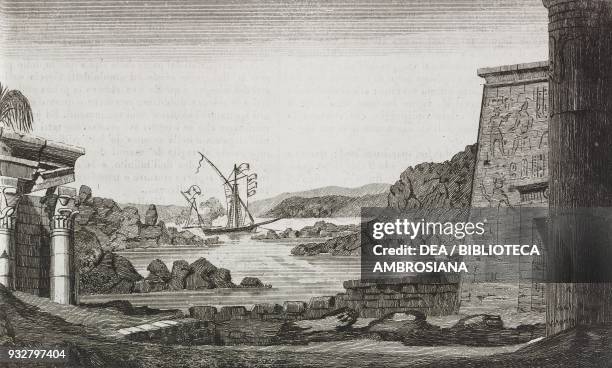 View from Philae island of the arrival at the First Cataract of the Nile of the Papal merchant vessel the Fedelta, commanded by Alessandro Cialdi,...