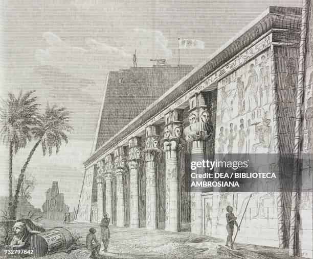 Temple of Isis, lateral view, Philae island, Egypt, engraving from L'album, giornale letterario e di belle arti, July 3 Year 8.