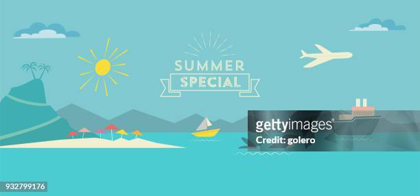 ilustraciones, imágenes clip art, dibujos animados e iconos de stock de ilustración de paisaje de verano planas poligonales con ballena y naves en el mar - parasol
